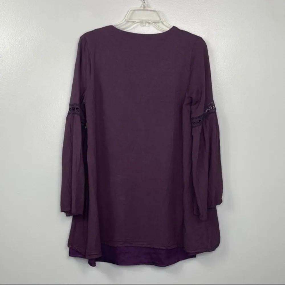 Tobi Purple Boho Peasant Tunic Top Lace Trim Tie Neck Long Sleeve Fall Blouse M - Image 4