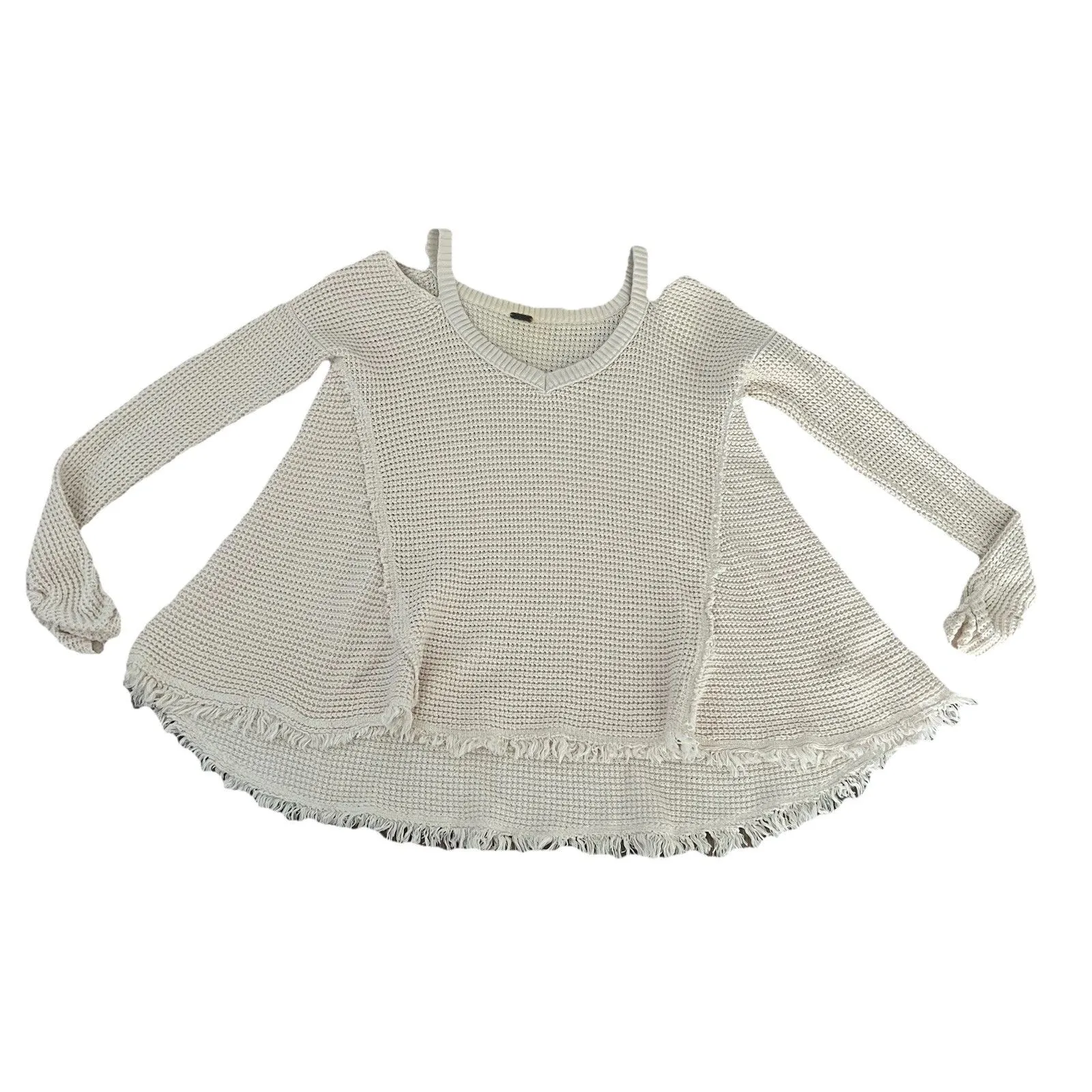 Free People Women’s Waffle Knit Top Moonshine Cold shoulder Raw Hem - Image 2