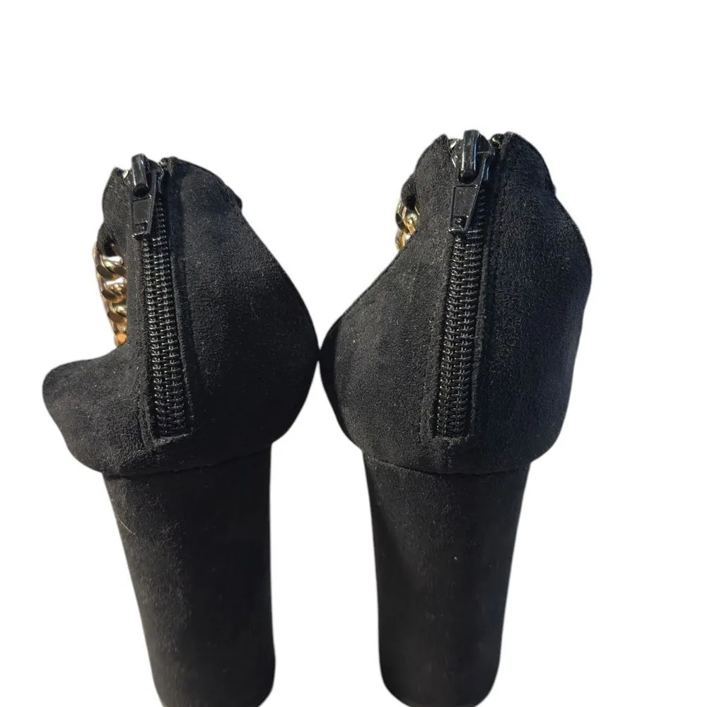 Chunky Black Heels with Gold Colored Strap Back Zipper 90’s Style Size 10 - Image 6