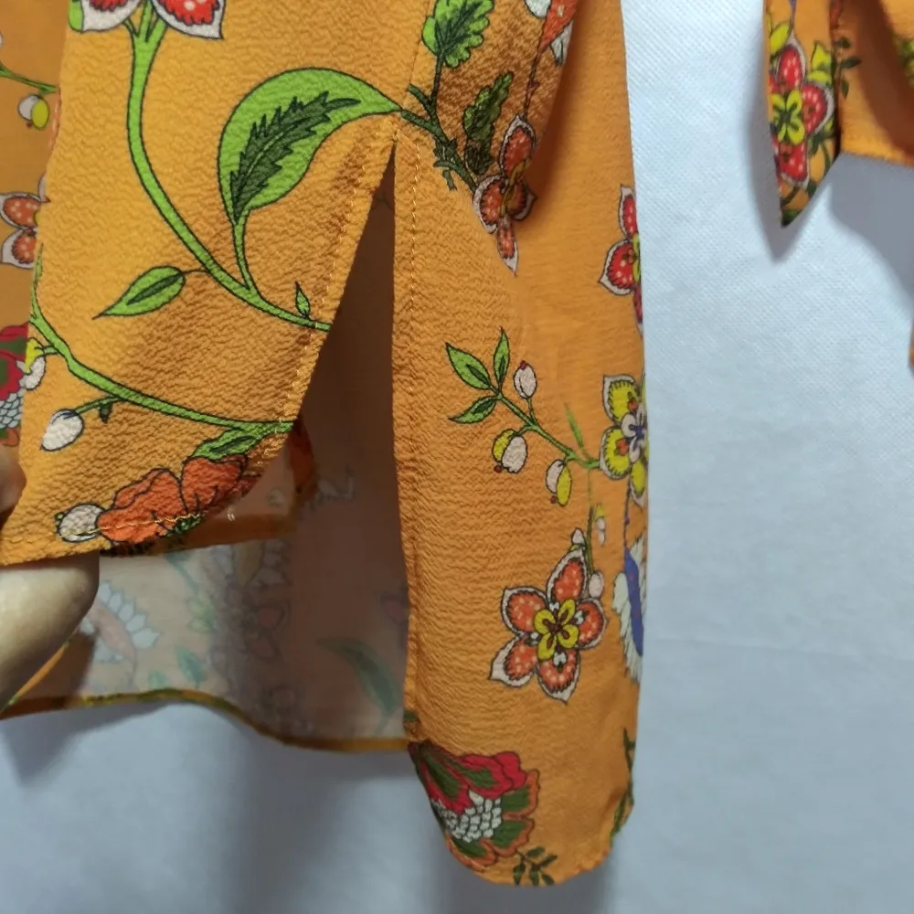 Sateen Life Orange Paisley Print Tie Cuff Button Up High Low Retro Size Small - Image 7