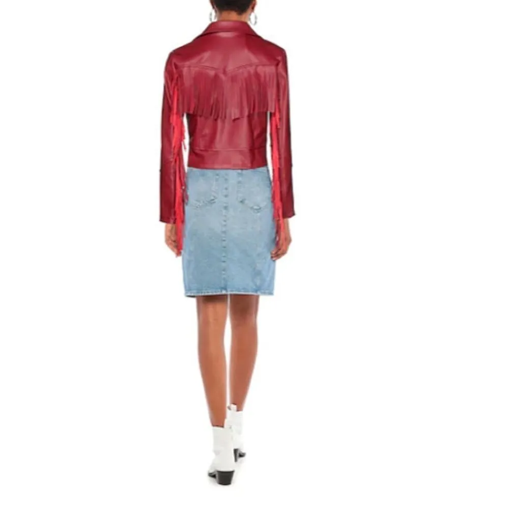 VANESSA SCOTT FAUX LEATHER TASSLE CROPPED JACKET Size: L Pearlized Mauve Purple Size L - Image 3