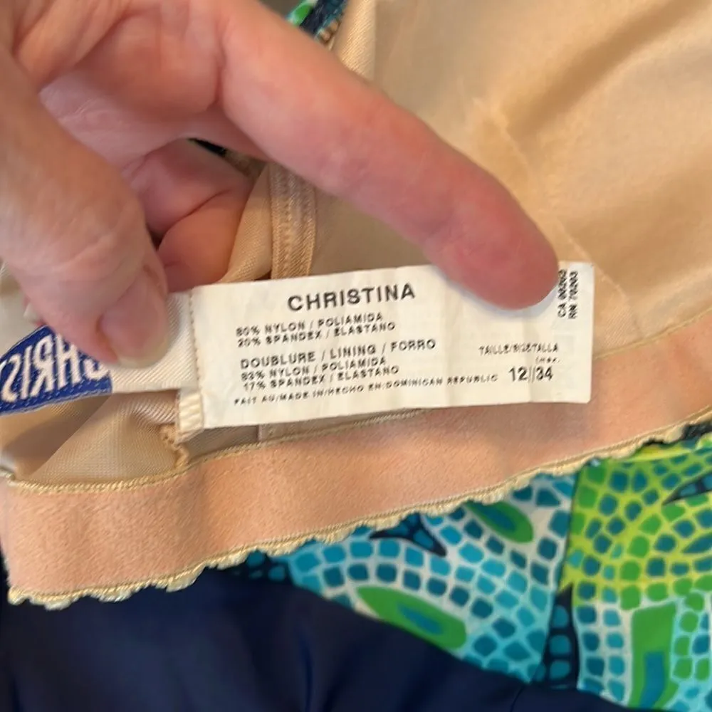 Christina size 12/34 one piece green and blue drapey front swimsuit GUC - Image 5