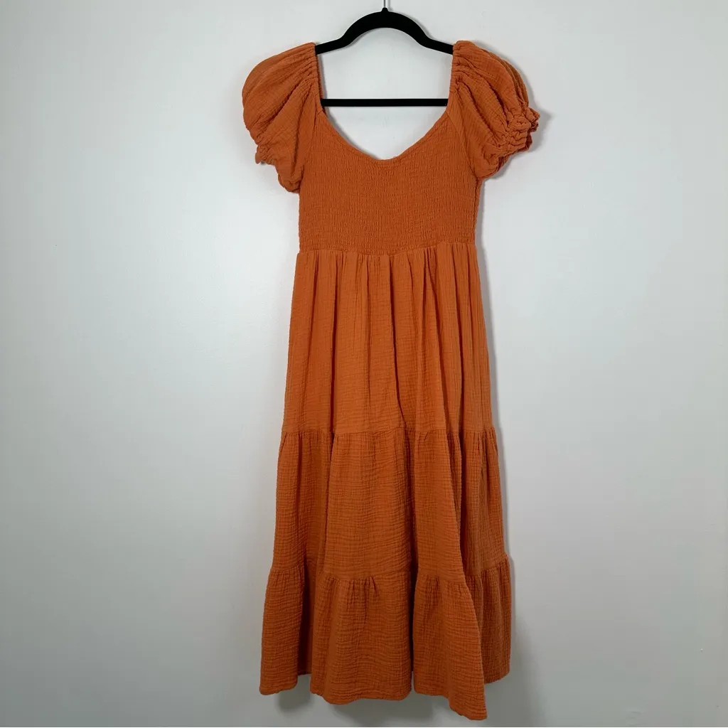 O.P.T. Women’s Orange Gauze 100% Cotton Tiered Midi Dress Cottage Boho XS - Image 2