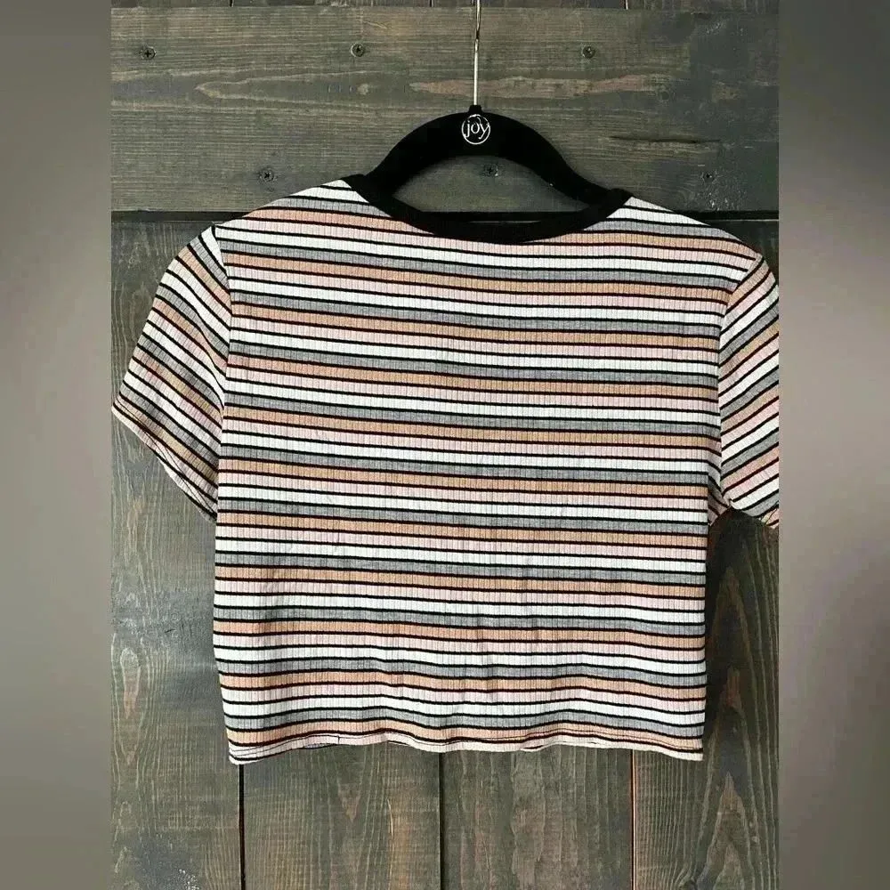 SHEIN Striped Ribbed‎ Crop Top with Button Detail - Casual Summer Y2K Style - Image 3