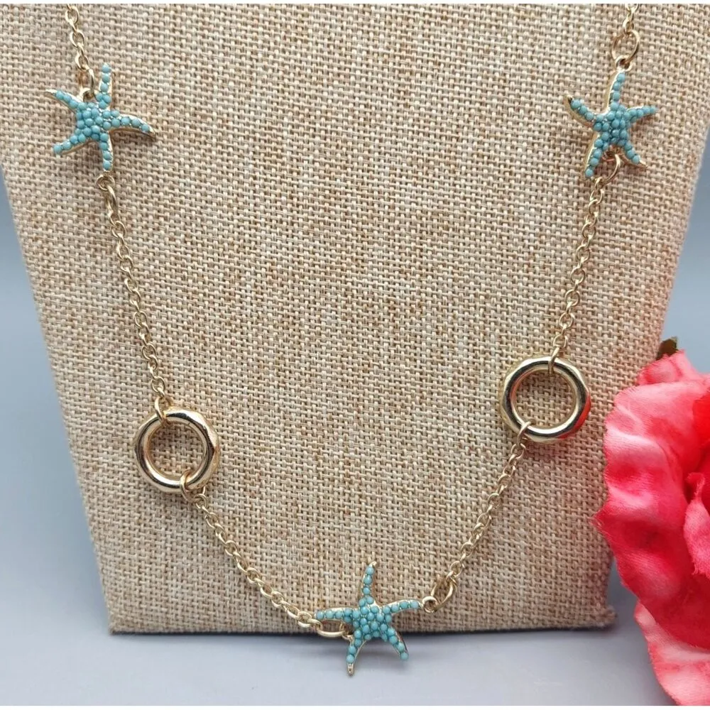 MINT Condition Charming Charlie Beachy Chain Gold Tone Blue Sea Star Stations - Image 5