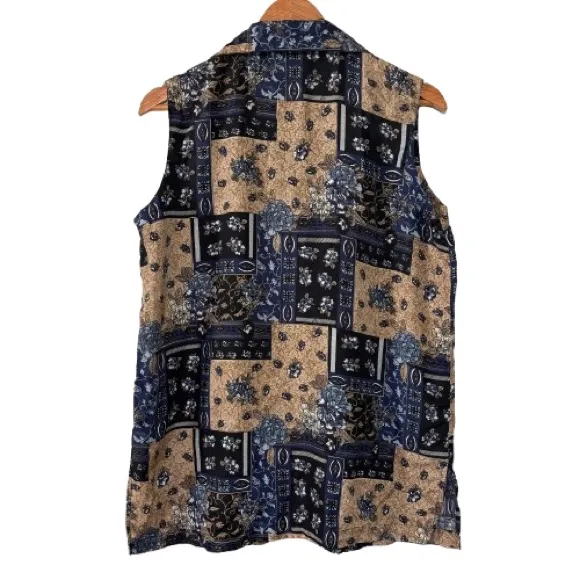 Anna and Frank Navy/Tan 100% Silk Floral Print Patchwork Button Down Blouse L Blue Size L - Image 2