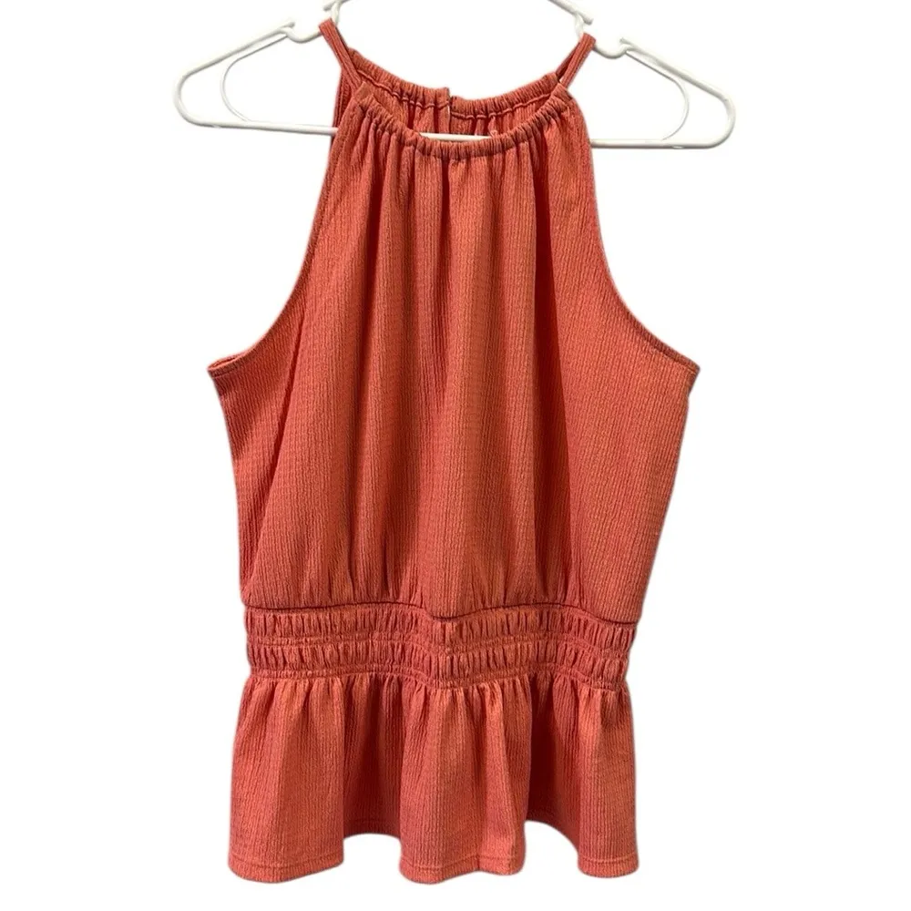 Nine West Peach Sleeveless Halter Keyhole Back Peplum Smocked Tank Top Blouse M - Image 8