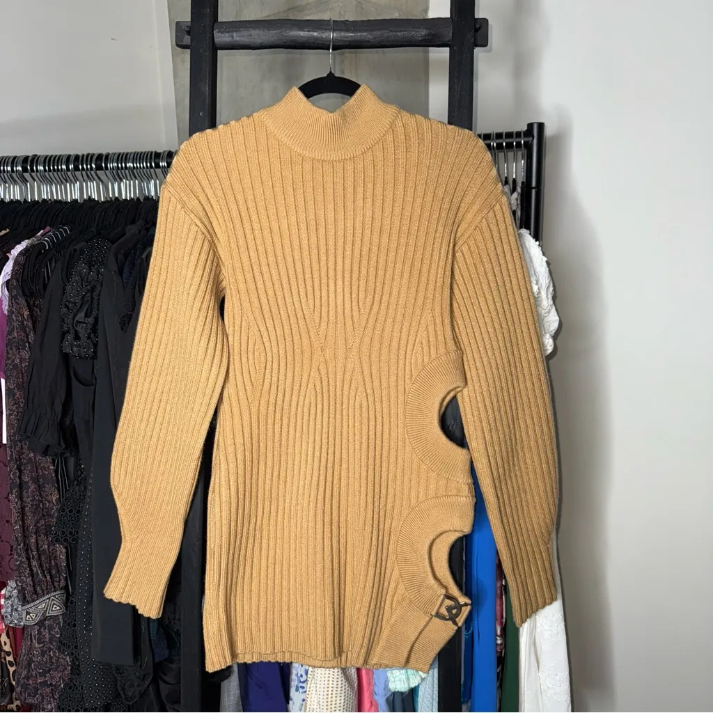 David Koma Camel Side Cutout Ribbed Knit Mini Dress Tan Size M - Image 7