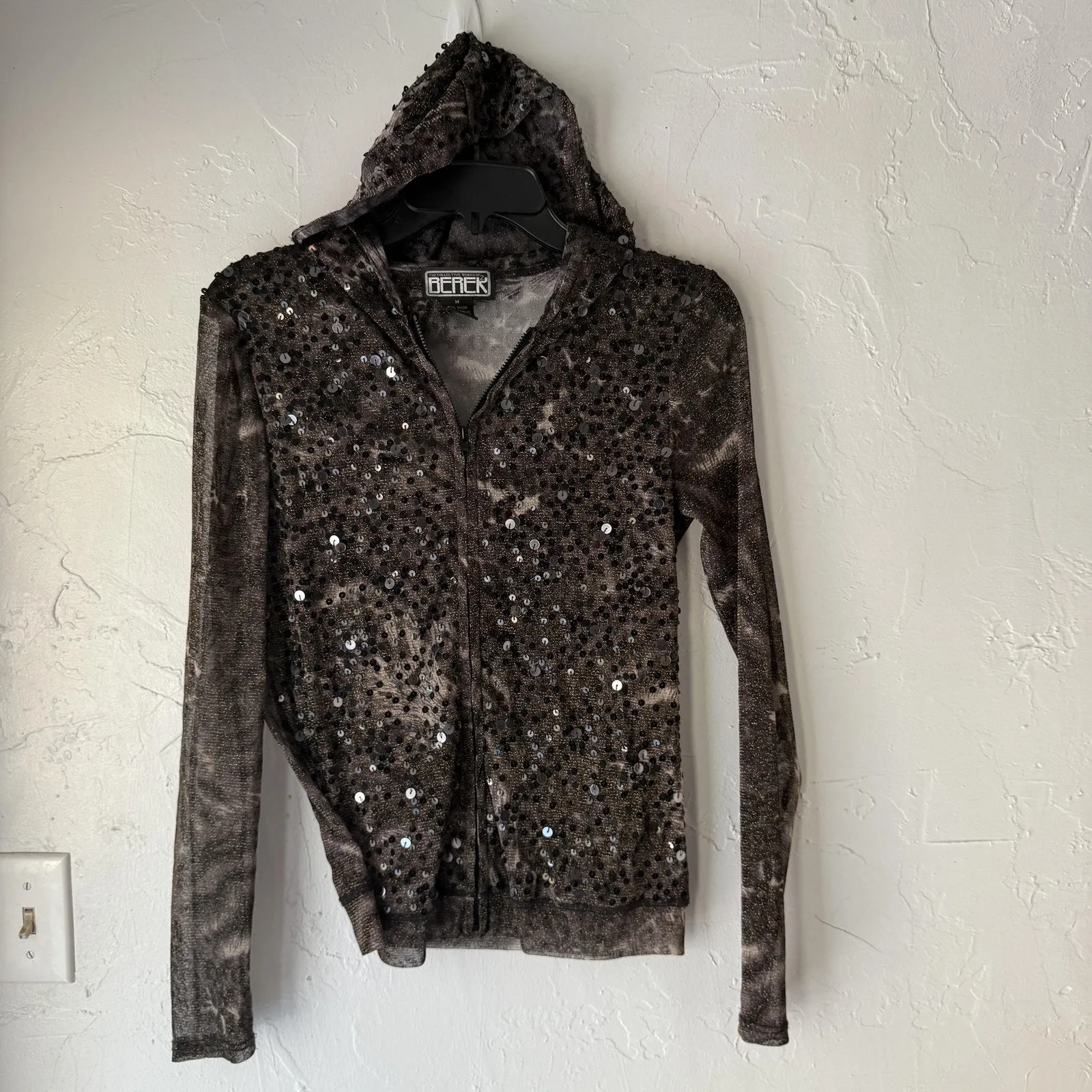 Berek Hoodie Jacket Y2k Fairy Grunge Medium‎ Black Sequin Metallic Sheer Zip Up - Image 2