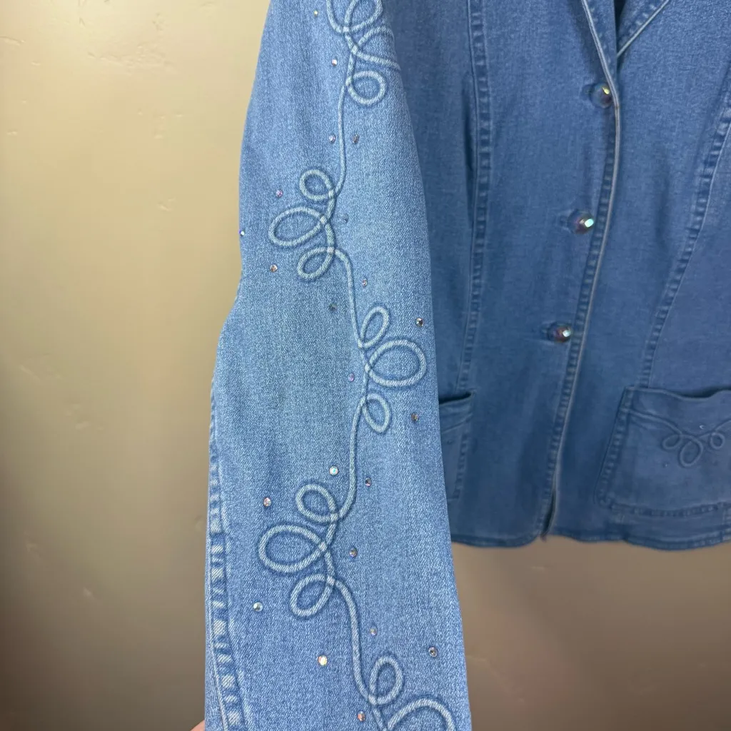 Escada Fitted Denim Blazer Jacket with Embroidery/Rhinestones Size 42 Blue US 12 - Image 5