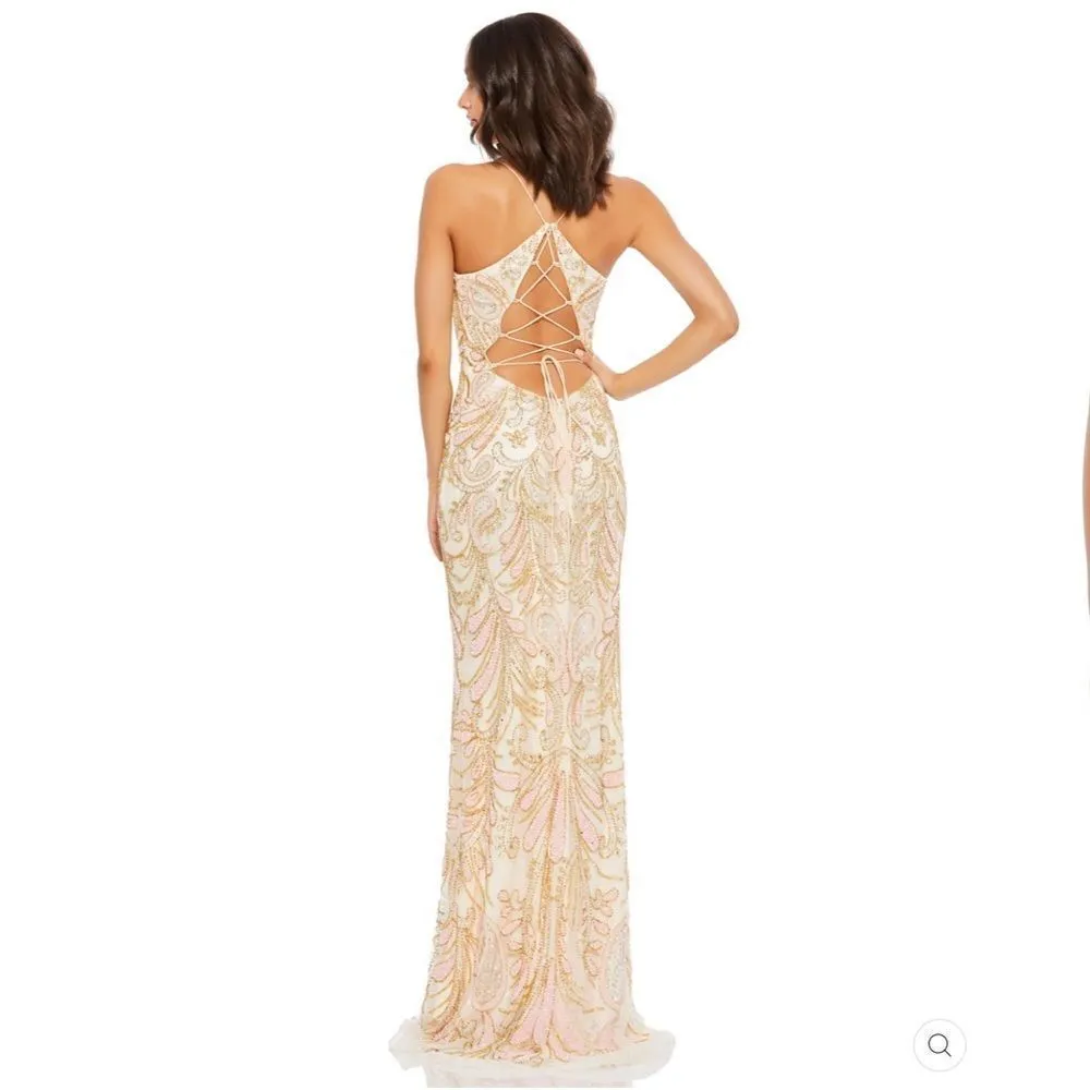Mac Duggal 5309 Womens CHAMPAGNE STRAPPY BACK BEADED GOWN Dress - Image 4
