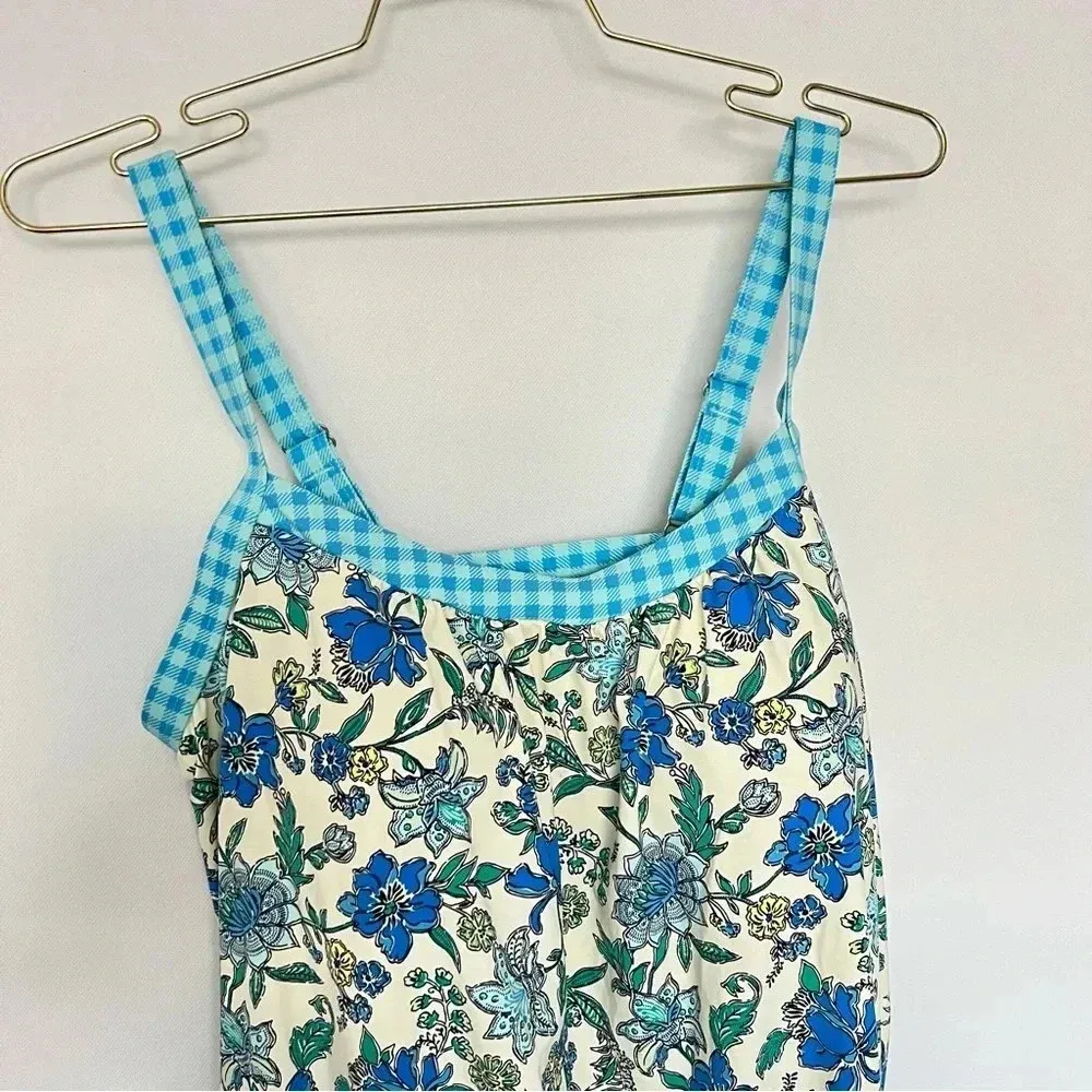 Lands' End Tankini Top Size 12 DD Blouson Lotus Floral/Gingham Swimsuit Blue - Image 3