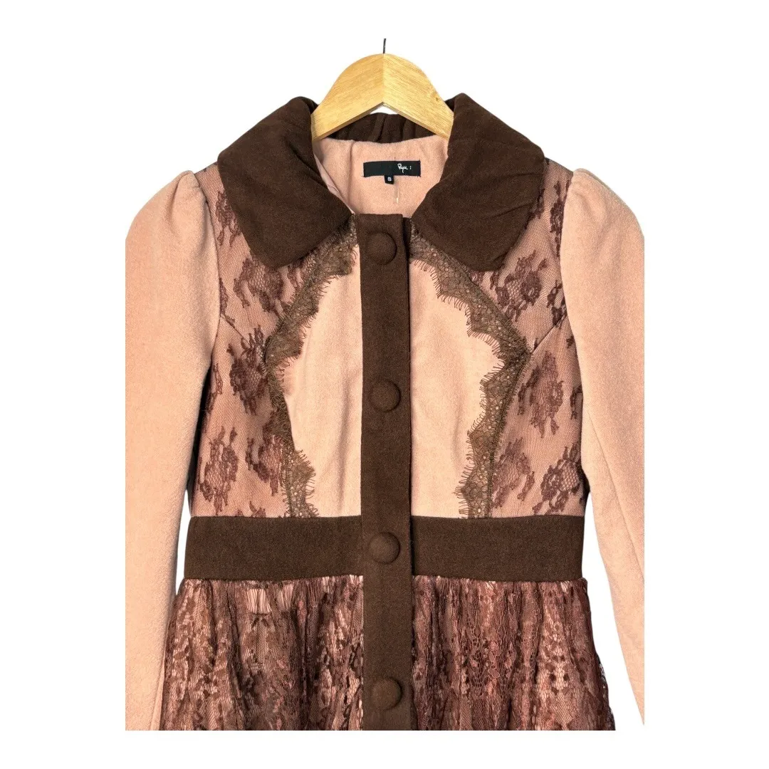 Anthropologie Ryu Wool‎ Blend Pink Brown Lace Trim Dress Jacket Women Size Small - Image 2