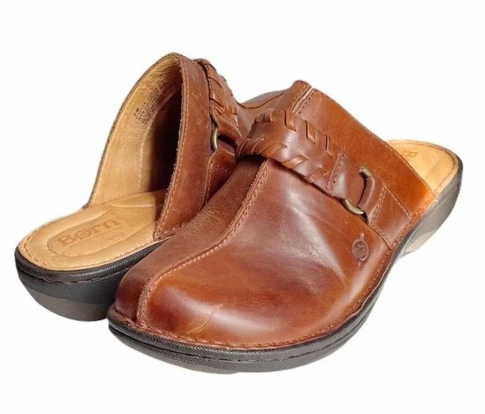 Born Mules Brown Leather Saddle Stich Braided Decorative Strap Women’s Size 7 - Image 9