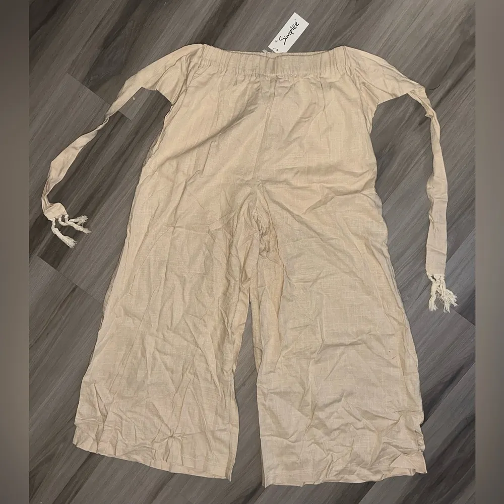 NWT Simplee Beige Women’s Wide Leg Casual Light Feel Pants w Stretch Waist Tie S - Image 2