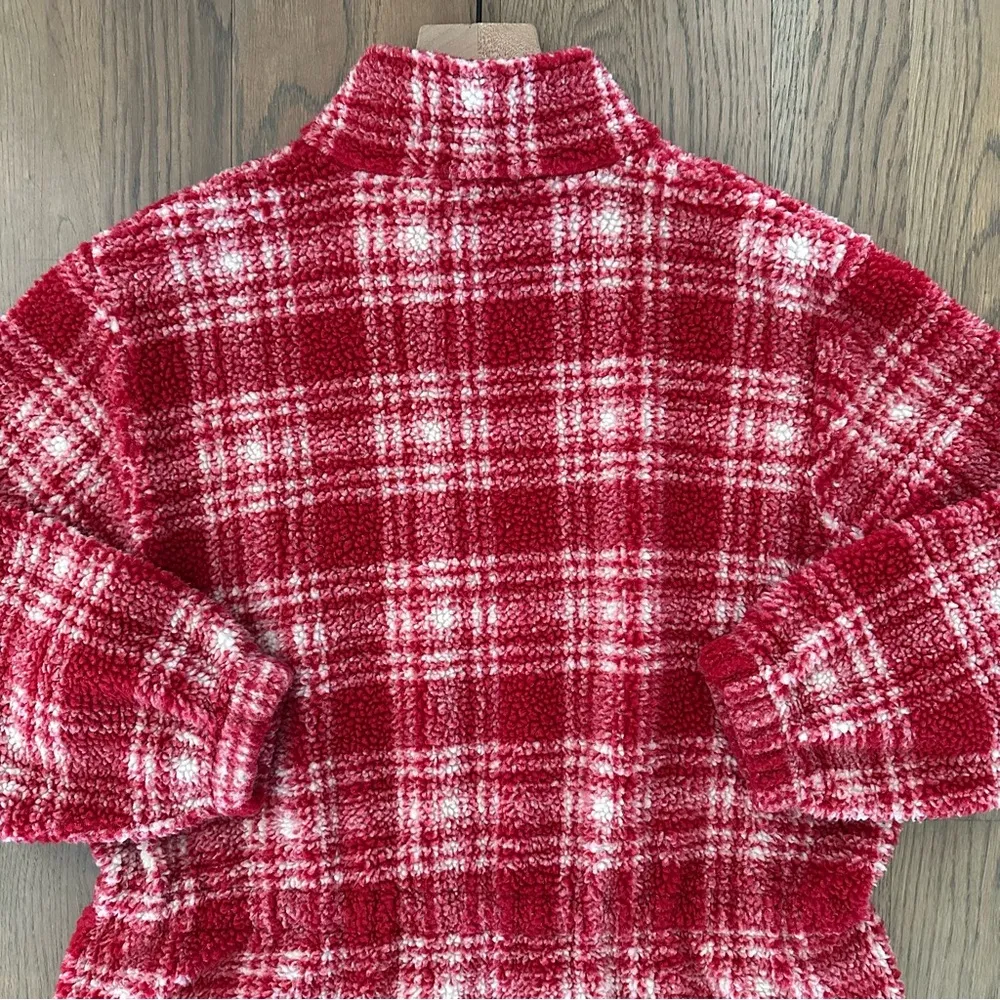 Anthropologie Vintage Collared Fleece Drawstring Waist Jacket Red White Plaid M - Image 8