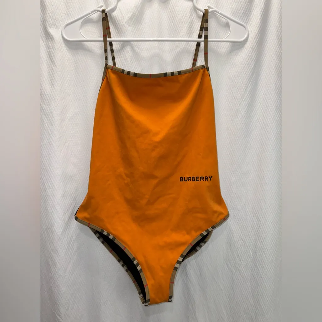 Burberry Icon Stripe Trim One Piece Women’s Bright Orange Swimsuit Size Small - Image 11
