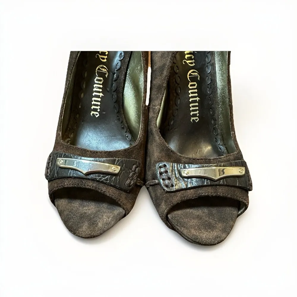Juicy Couture Brown Suede Leather Heel Open Toe Ankle Strap Heels 7.5 Mary Janes - Image 3