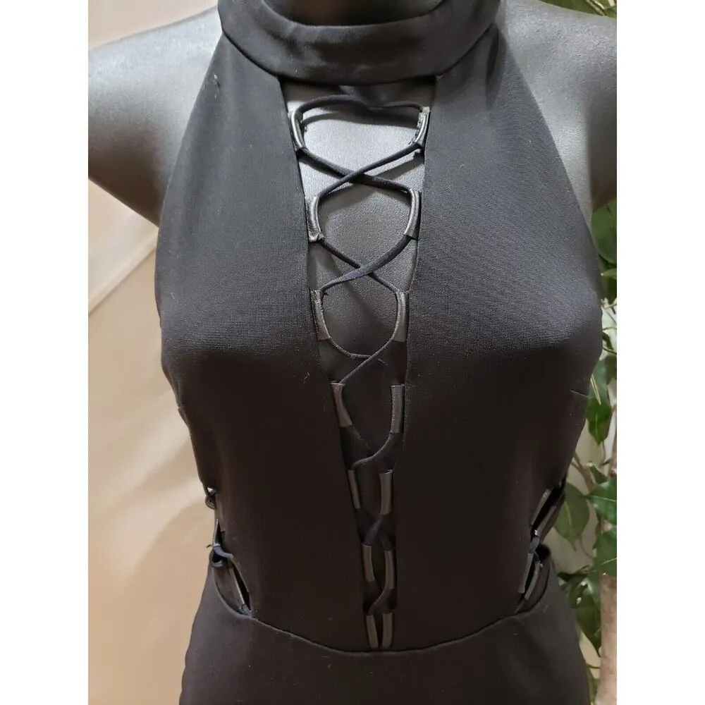 Bebe Womens Black Lace Up Front Halter Neck Back Zip Bodycon Dress Size S - Image 5
