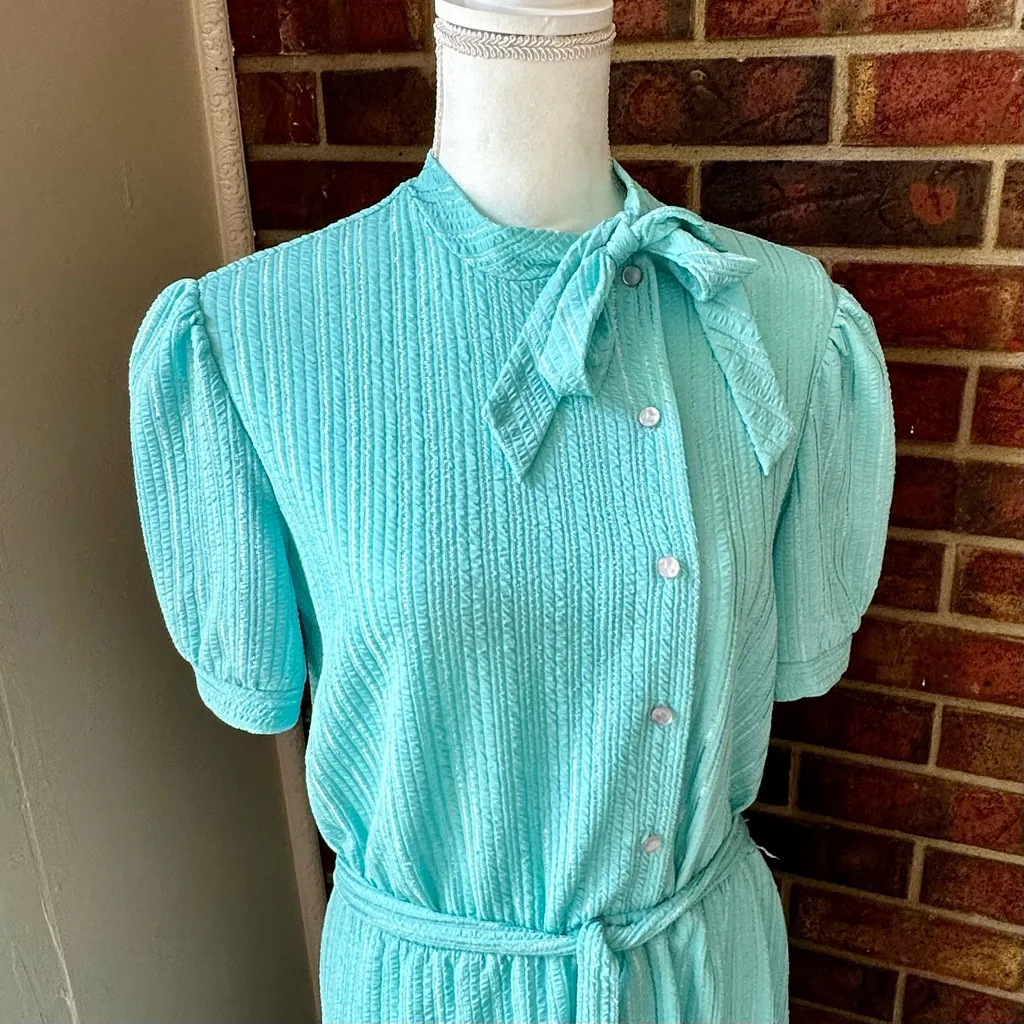 Sears Aqua Midi Dress Bow Belt Vintage Work Wear Button Top Secretary Cosplay Green Size 14 - Image 11