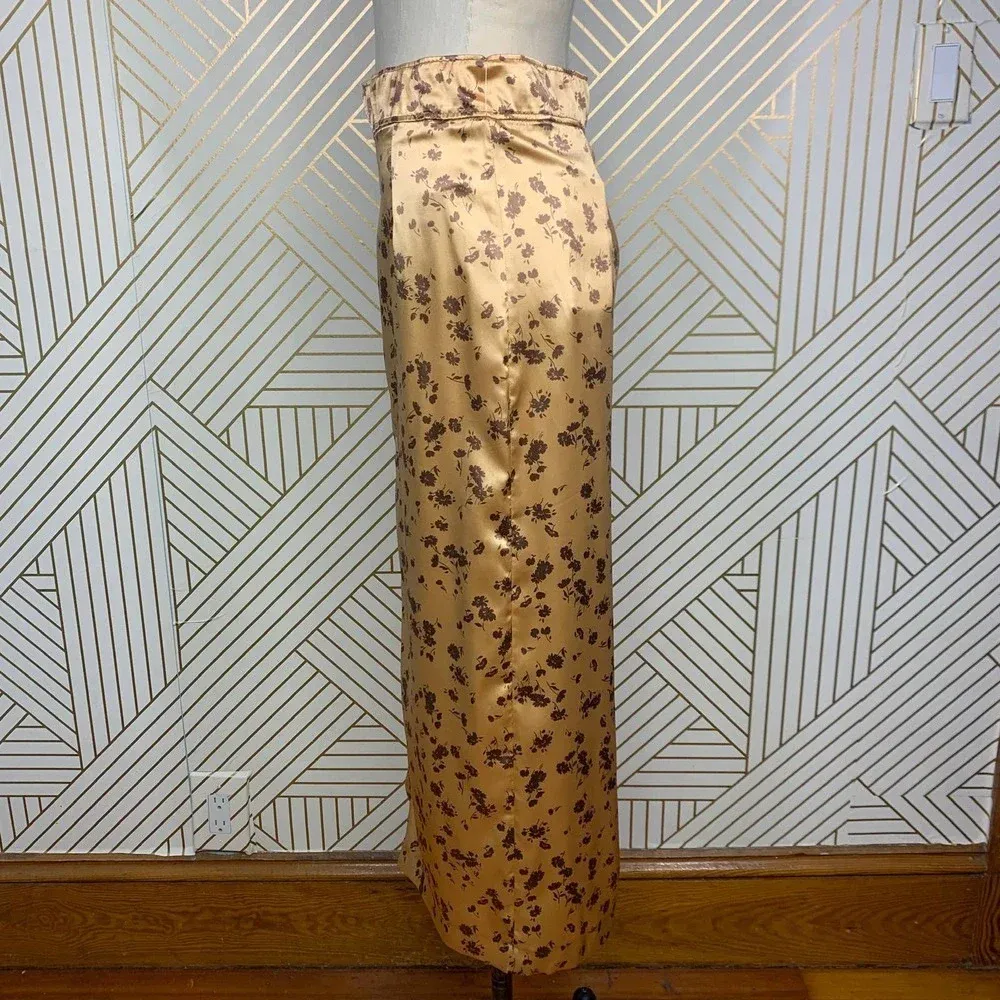 Zara Floral Print‎ Slip Midi Skirt In Tan Gold Brown Satin Size US Medium - Image 7