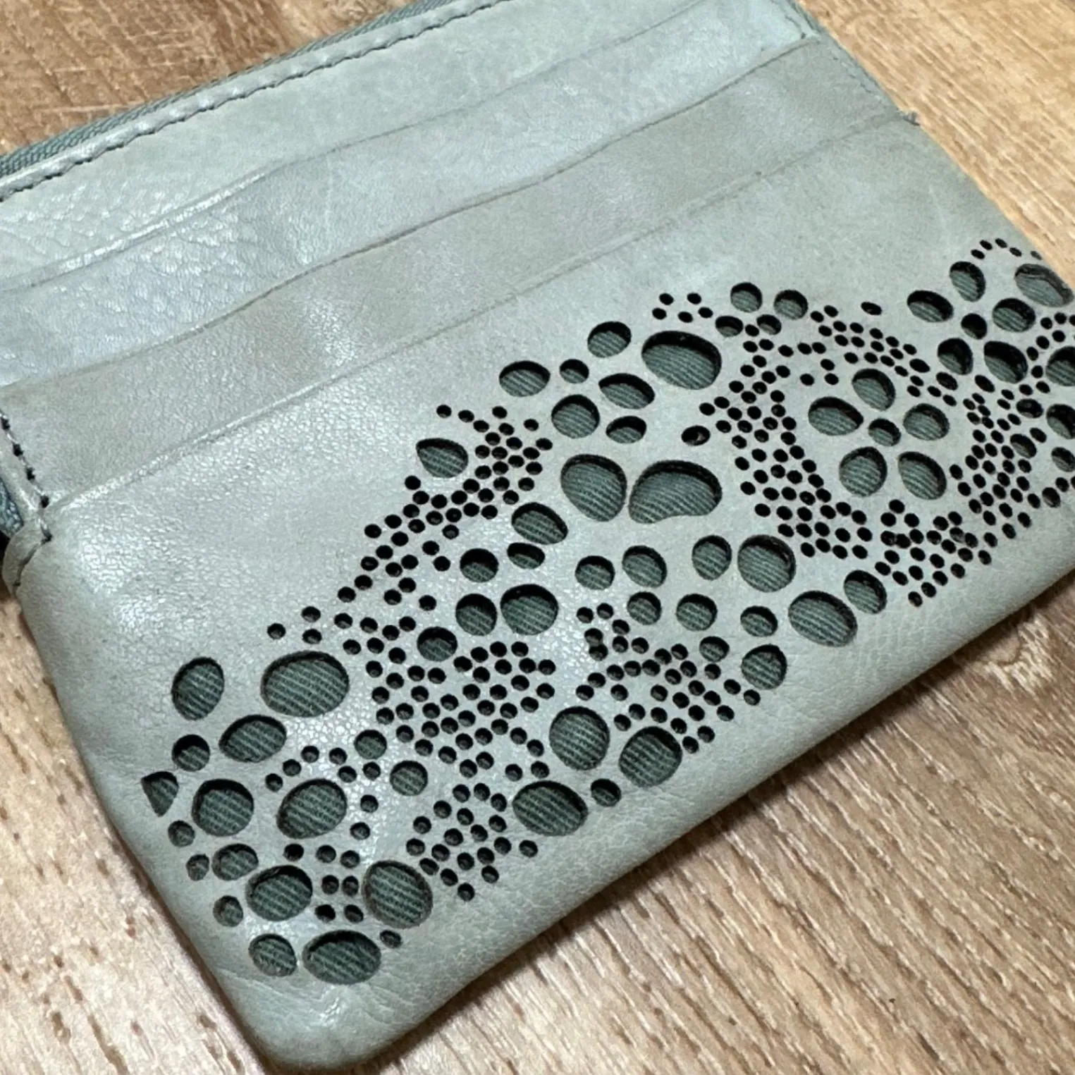 Light Blue Gray Leather Boho Pinhole Cut Card Holder Wallet Coin Pouch w/ Chain - Image 2