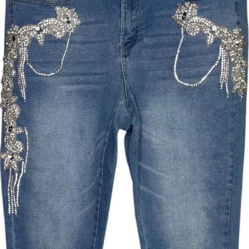 Venus Vintage Floral Rhinestone Pearl Embellished Slim Leg Mid Rise Jean 12 Blue - Image 10