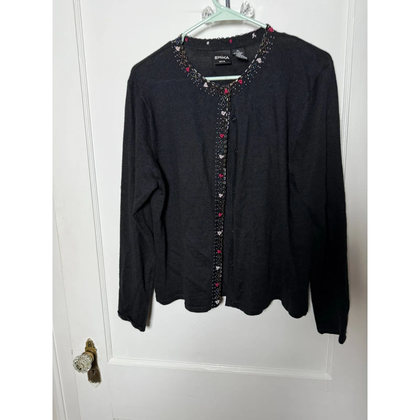 Vintage Erika Black Beaded Floral Coquette Girly Frilly Cardigan Sweater PL - Image 2