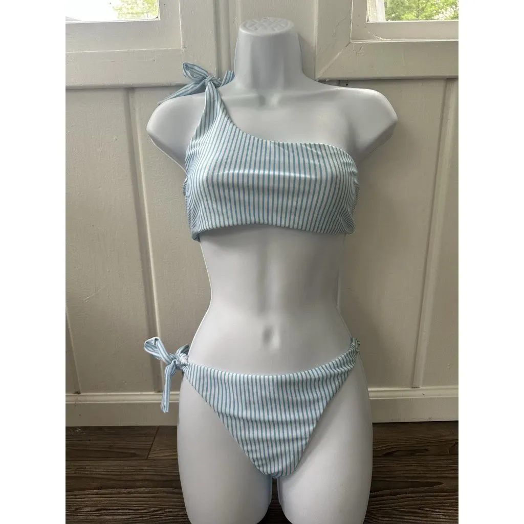 Womens One Shoulder Bikini Swimsuit Turquoise White Stripe Tie Size Large Preppy - Image 6