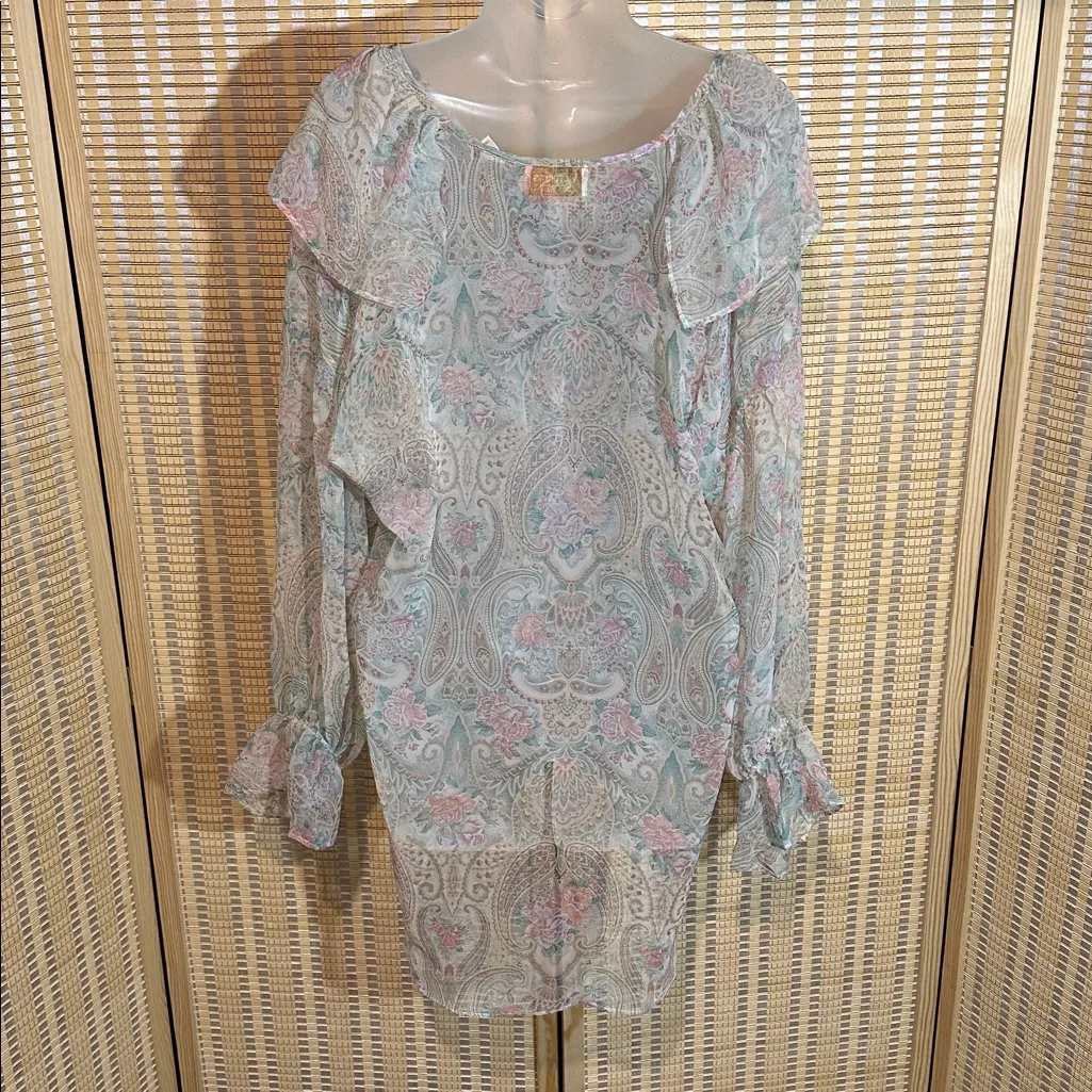 Victoria's Secret Vintage Gold Label Sheer Blue Floral Print Peasant Blouse M/L - Image 11