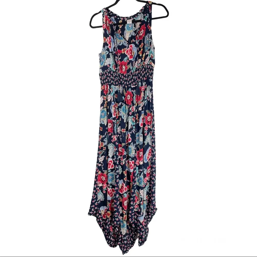 Bila Dress Sleeveless Handkerchief Hem Navy Floral Print Boho Cottagecore Blue - Image 2