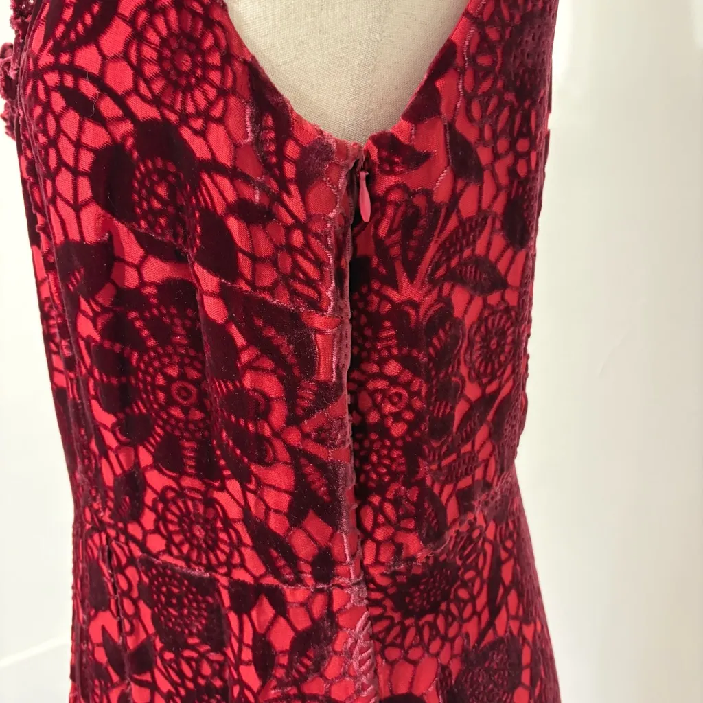 Vintage 90s The Territory Ahead Red Velvet Floral Midi Dress Sz 10 - Image 4