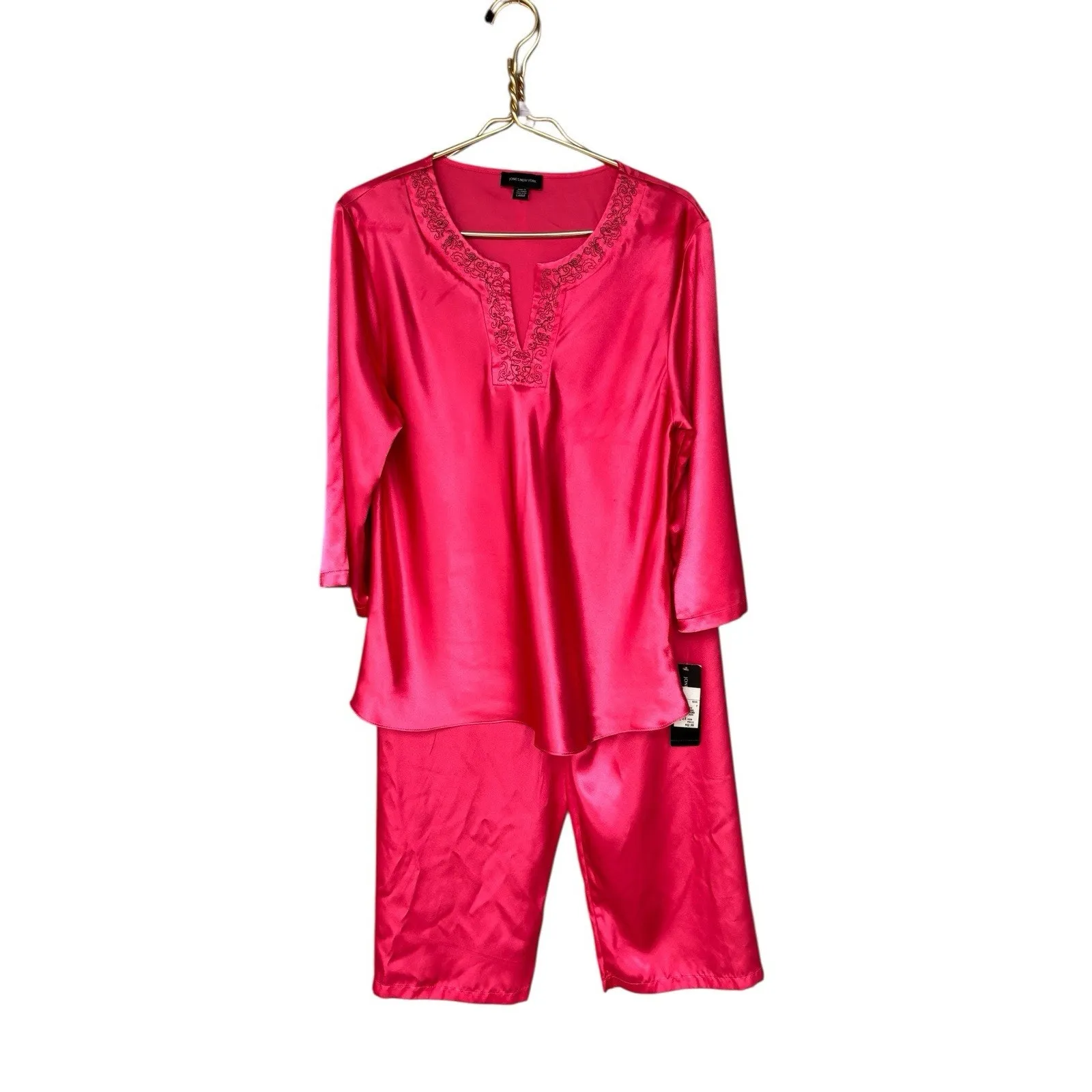 NWT Jones New York Satin Pajamas 2 pc Set Top Pants Lounge Set Embroidered Large - Image 2