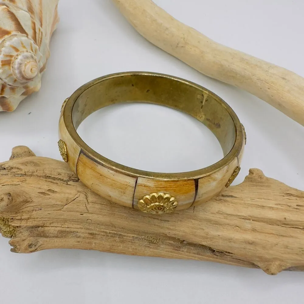 Vintage Brass Bone Inlay Bangle Bracelet Tan - Image 2