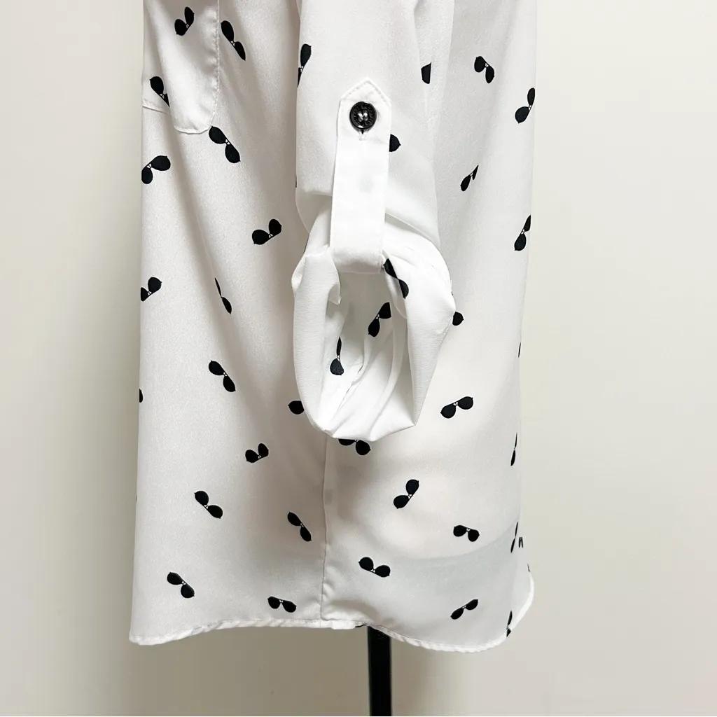 Karl Lagerfeld White Black Sunglasses Roll Tab Sleeve Button Up Collar Blouse XS - Image 10