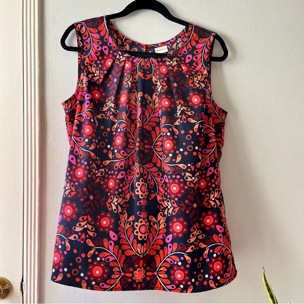 Merona•Psychedelic Navy/Orange/Pink Sleeveless Blouse• EUC• Size L - Image 2