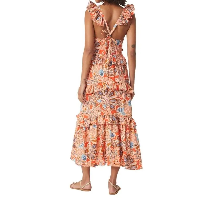 MISA Los Angeles Orange Floral Print Ruffle Tiered Midi Dress Size Small - Image 2