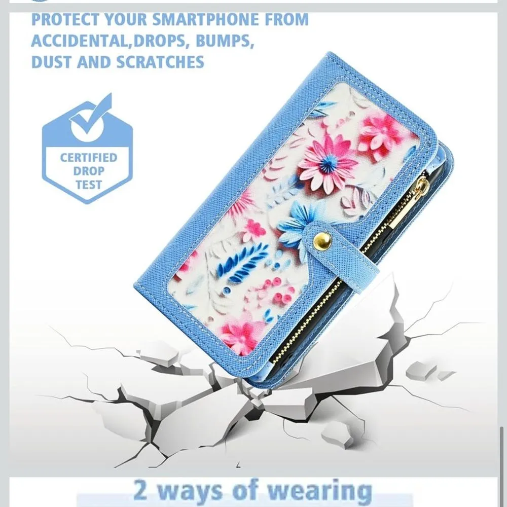 iPhone 16 6.1” Case Wallet Case Floral Wristlet Blue Card Holder Phone FC7 - Image 7