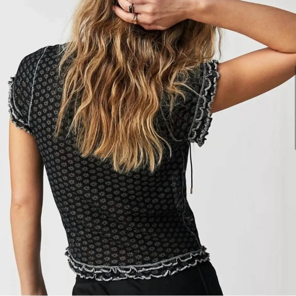 Free People Sheer Mesh Garner Floral Baby Tee Size Large Black - Image 3