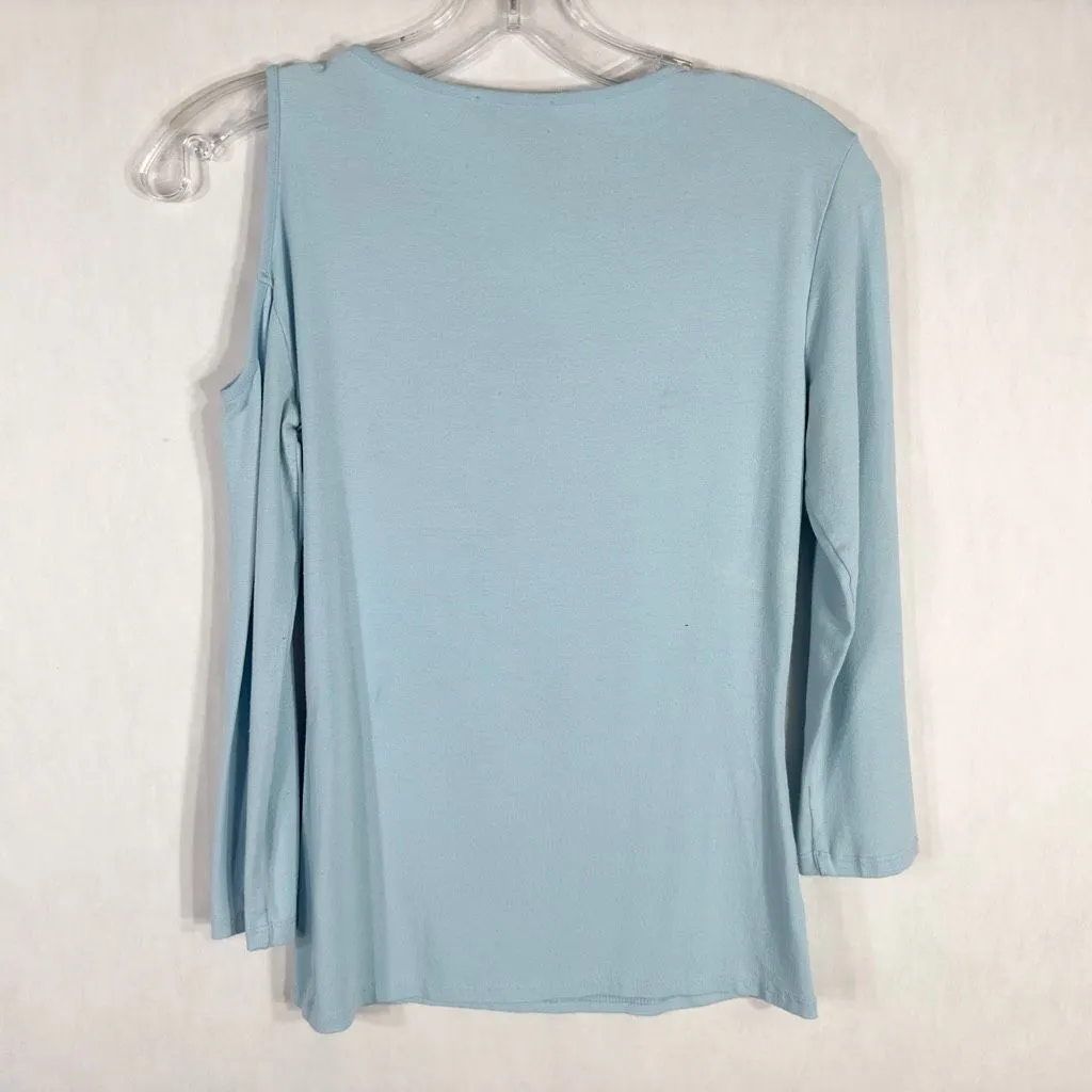 Cache Small‎ Top Knit Light Baby Blue Rhinestones Cut Out Cold Shoulder Y2K 1348 - Image 2