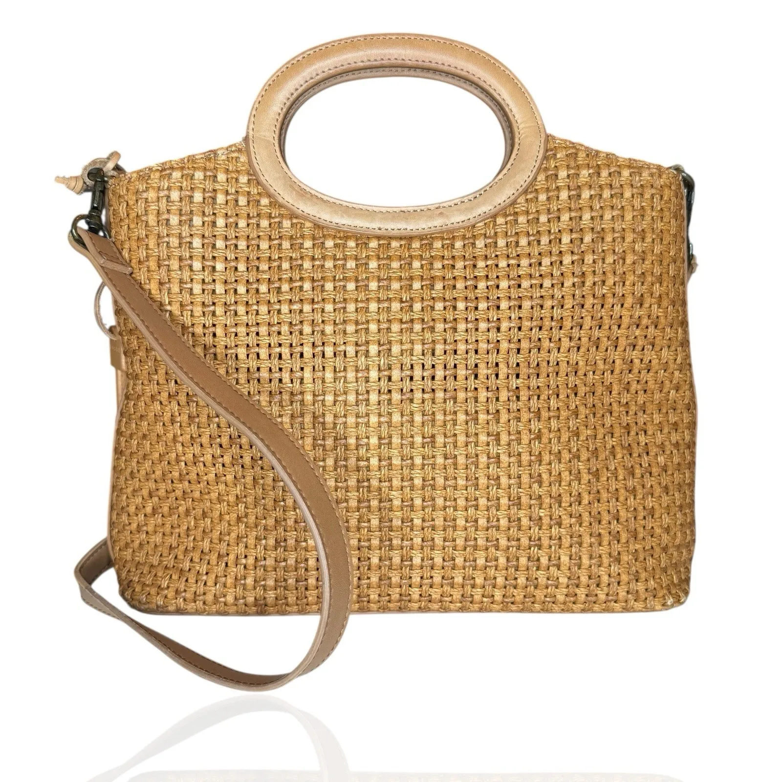 Vintage Fossil Woven Crossbody Hand Bag Wooden Key Leather Trim Medium - Image 3