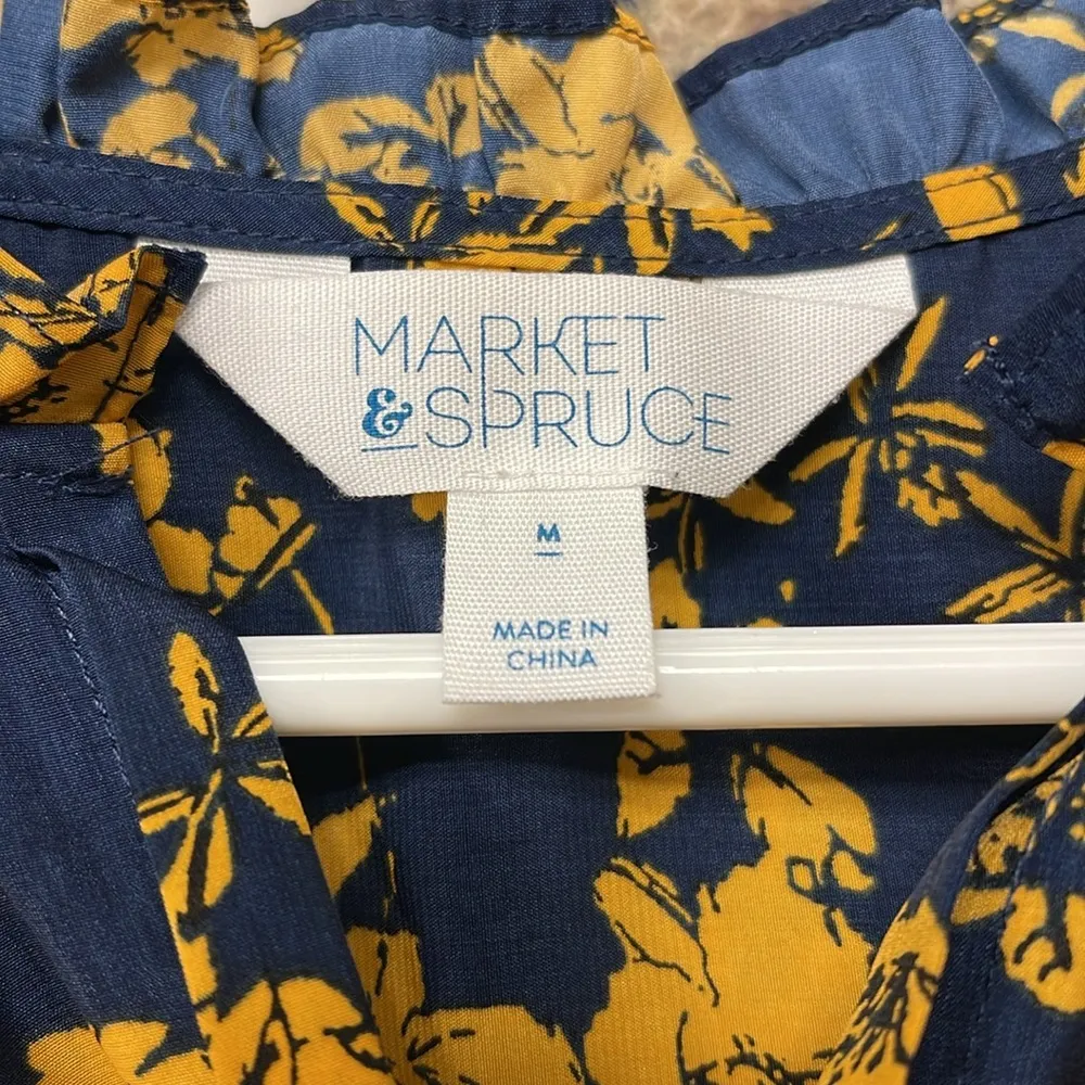 Market & Spruce Stitch Fix Blue Mustard Floral Sleeveless Blouse Ruffle Medium - Image 5