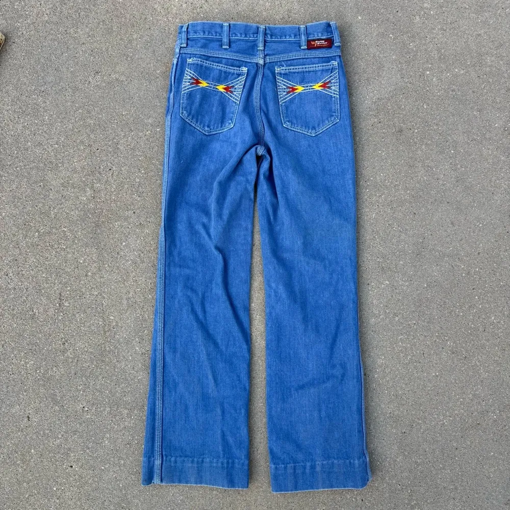 VTG 80s Wrangler Wrapid Transit Blue Jeans Sunset Southwestern Embroidery Pocket - Image 3