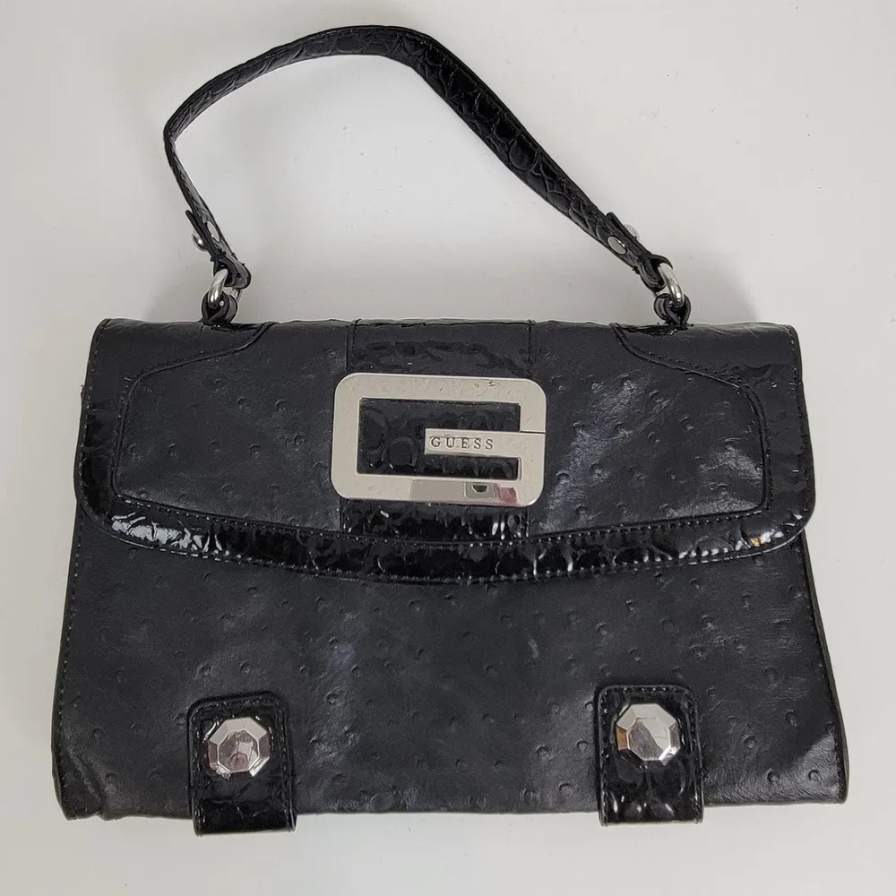 Guess Womens Shoulder Bag Black Ostrich Embossed Faux Leather Accordion Clutch - Image 87