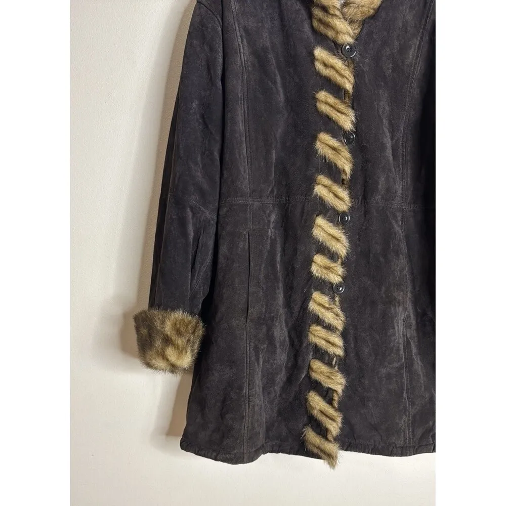Dennis Basso Coat Womens 2X Brown Leather Faux Fur Trim Hooded Button Long - Image 3
