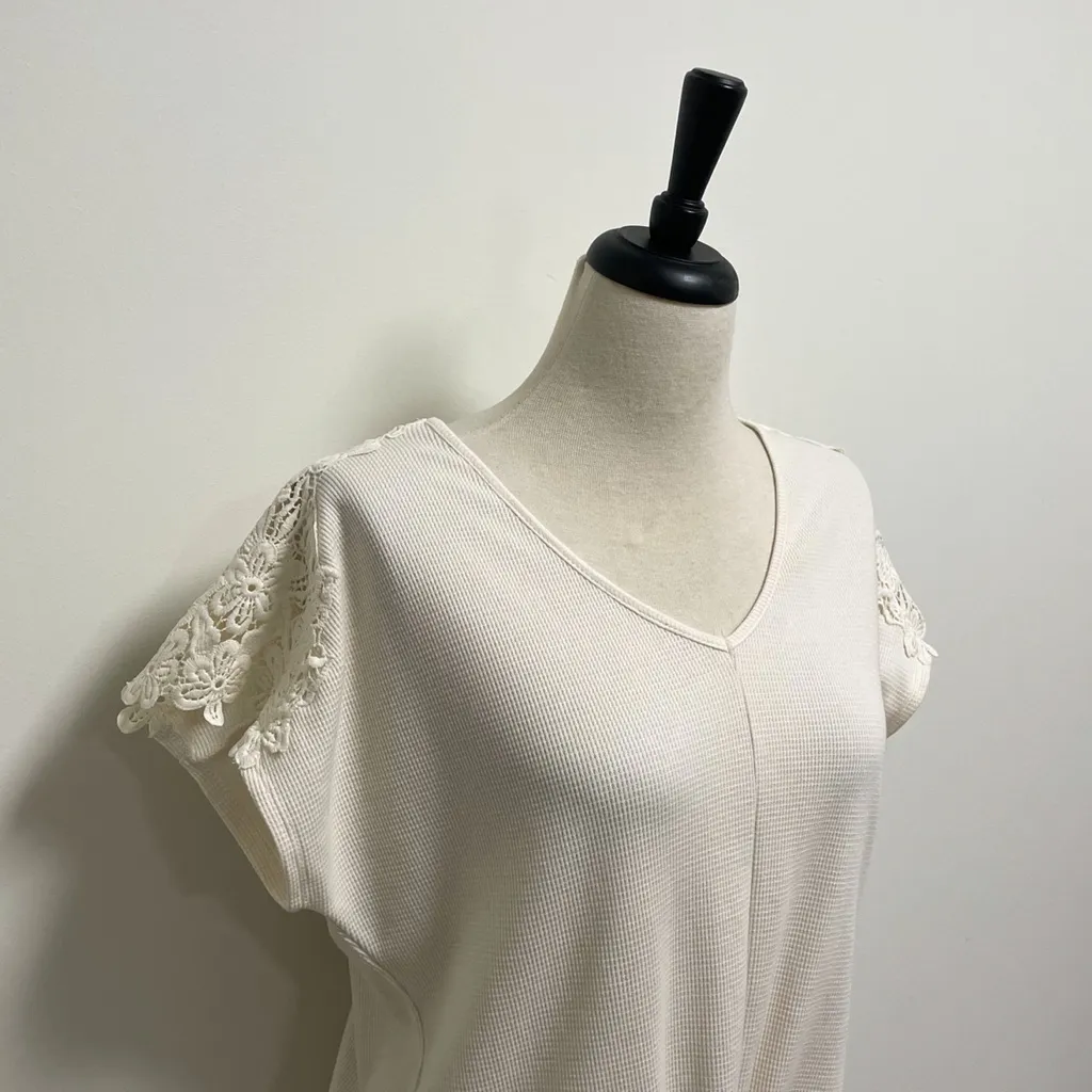 Harper Heritage Ivory Waffle Knit Lace Cap Sleeve Front Tie Medium Oversized - Image 5