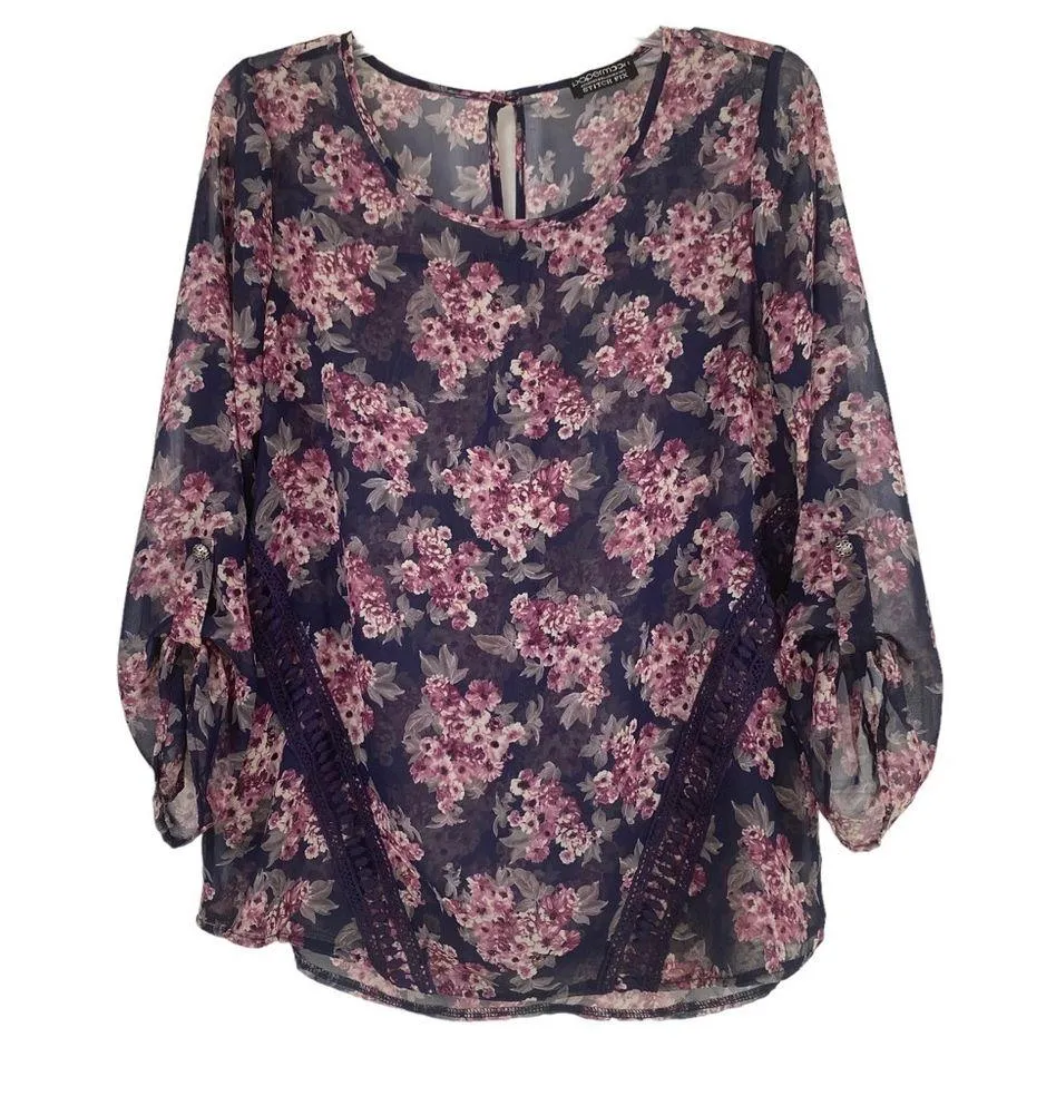 Papermoon women's size M sheer blue and pink floral blouse with button sleeves - Image 12