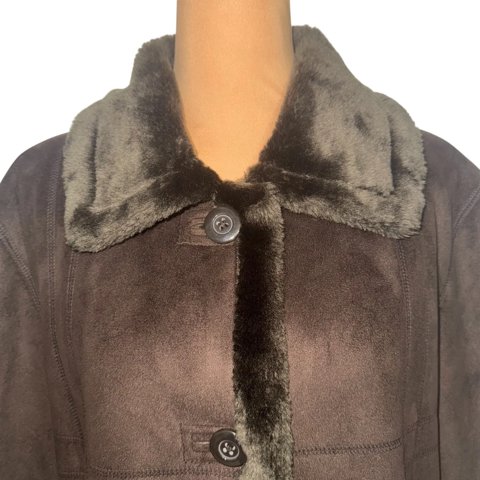 Big Chill VTG Y2K Long Maxi‎ Faux Suede Brown Coat Faux Fur Womens Size L Size L - Image 5