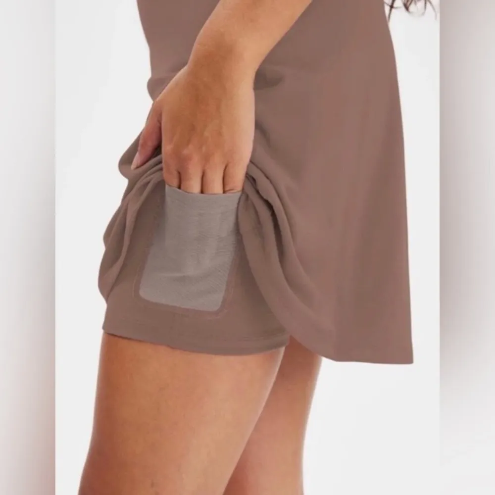 Girlfriend collective exercise dress Lola vneck shorts taupe light brown pockets - Image 8
