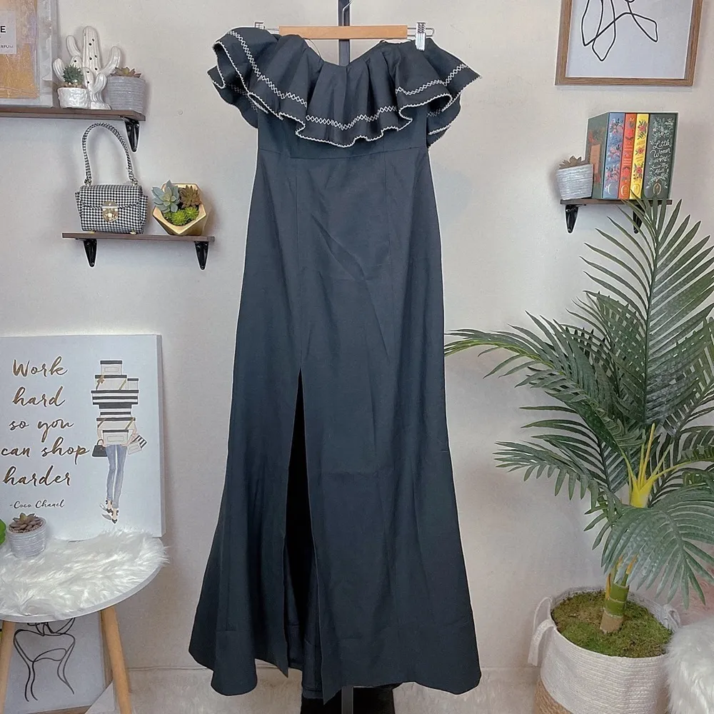 C/meo Affinity Ruffle Contrast Topstitch Maxi Gown Dress Black Size M - Image 3